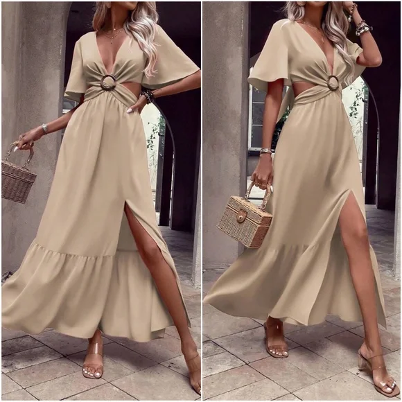 Plunging Neck cut out butterfly Sleeve Maxi Dress - Picture 8 of 9